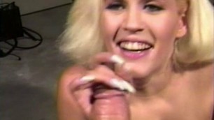 Pretty blonde Heather Lynn sucks cock and balls