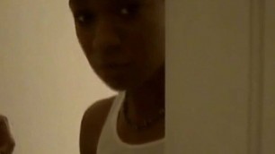 Shy ebony teen sucks on white cock